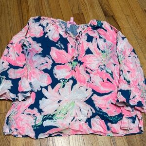 Lilly Pulitzer Pink and teal Floral Blouse ruffle sleeve large